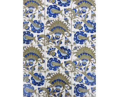 A Morris & Co  Elsley twelve tile panel, tin-glazed tiles in shades of blue and green on a cream ground, framed, each tile 13