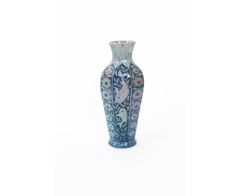 A Good William De Morgan Sunset and Moonlight Suite vase by Fred Passenger, shouldered octagonal section, painted with column