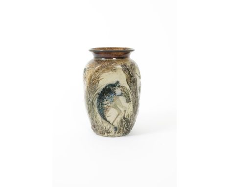A Martin Brothers stoneware vase by Robert Wallace Martin, dated 1892, square section, modelled in relief with a crane wading