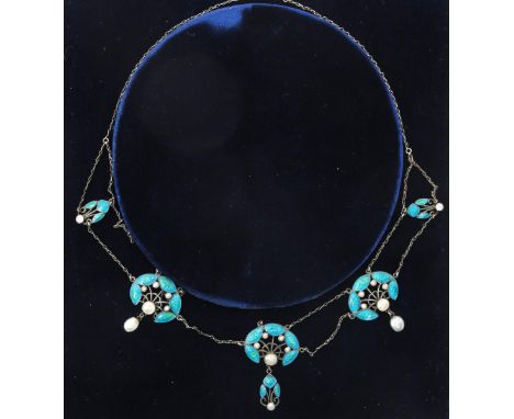 A Liberty & Co silver and enamel necklace designed by Jessie M King,  comprising three pierced panels, each cast as stylised 