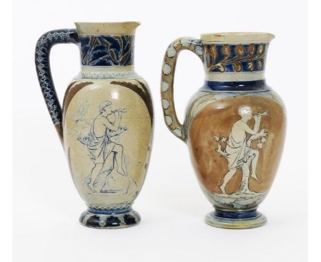 A Martin Brothers stoneware jug by Robert Wallace Martin, dated 1878, slender, shouldered form incised with a classical figur