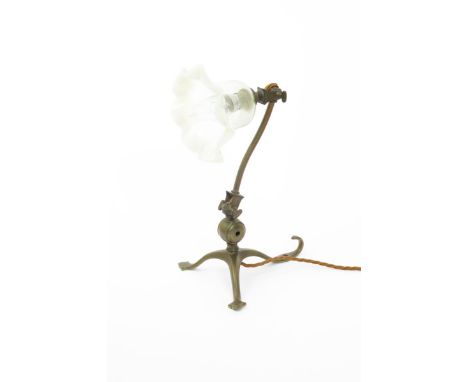 A W.A.S Benson brass table/wall lamp, with vaseline glass shade, the articulated stem on tripod foot wall mount aperture unsi