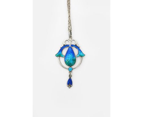 A James Fenton silver and enamel pendant necklace, pierced and cast foliate form with foliate drop, enamelled green and blue,