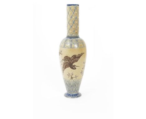 A tall and early Martin Brothers stoneware vase by Robert Wallace Martin, dated 1875, slender baluster form, incised with cra