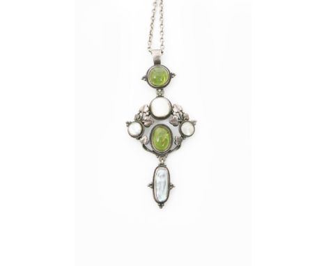 A silver pendant necklace the design attributed to the Artificers Guild,  pierced foliate frame set with tormaline and mother