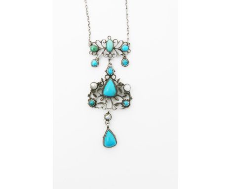 A silver and turquoise necklace by Arthur  and Georgie Gaskin, with articulated  scrolling foliate frame, set with turquoise 