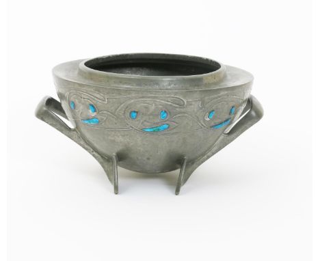 A Liberty & Co English Pewter and enamel rose bowl designed by Archibald Knox, model no.0229, twin-handled form, cast in low 