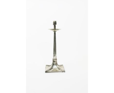 A James Dixon electroplated metal table lamp, tapering square section with rivetted seam decoration, unmarked 41cm. high