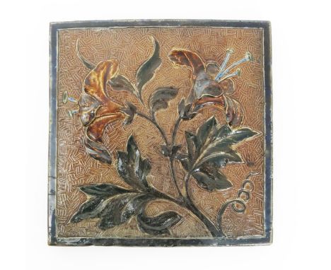A Martin Brothers stoneware tile, probably by Robert Wallace Martin, dated 1881, incised and modelled in low relief with lily