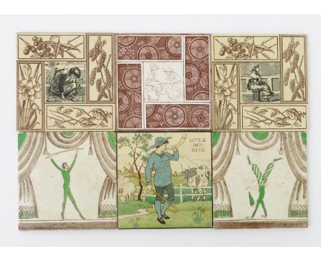 'Little Boy Blue' a Maw & Co tile designed by Walter Crane, printed and hand coloured, three various tiles with Kate Greenawa