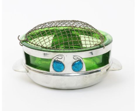 A Liberty & Co Tudric Pewter and enamel rose bowl, glass liner and original wire rose designed by Archibald Knox, model no. 0