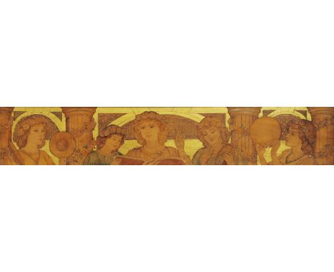 'Alleluiah   - Study of a Chorus of Five Angels' a poker work panel in the manner of Thomas Cooper Gotch, modelled wearing Re