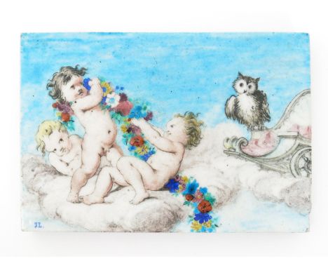 A Theodore Deck tile by Jules Antoine Legrain, dated 1867 painted in colours with an owl perched on a classical mantle watchi