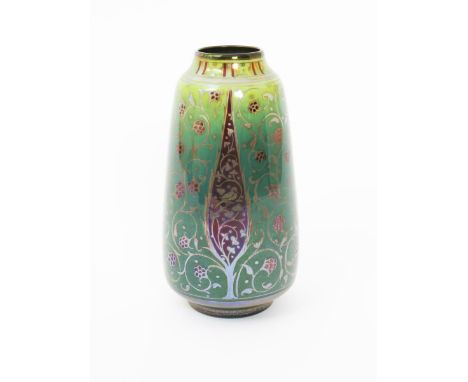 A Pilkington's Lancastrian Pottery vase by William S Mycock, dated 1908, painted with a bird perched in a Cypress tree repeat