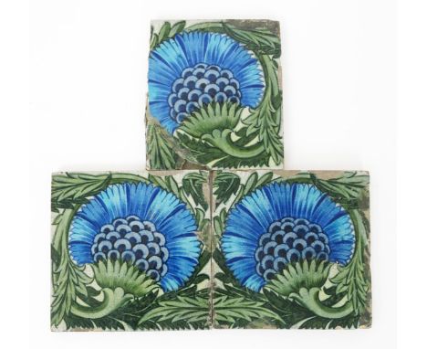 Three William De Morgan Chelsea Period BBB large 8 inch tiles, painted in shades of blue and green on a white ground, impress