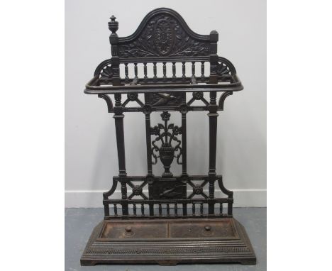 LATE 19TH CENTURY COALBROOKDALE STYLE CAST IRON STICK STAND in the aesthetic taste with bird and vase of flowers panels on sw