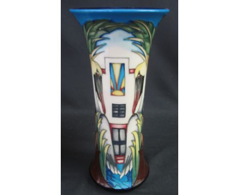 MOORCROFT POTTERY TUBE LINED STUDIO VASE of waisted form, designed by Philip Gibson, overall with pelicans amongst foliage.  