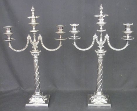 PAIR OF FINE QUALITY ELKINGTON SILVER PLATED, THREE BRANCH CANDELABRA, with floral, foliate and swag decoration, with ram's m