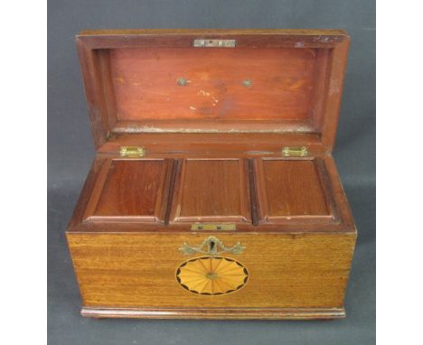 EARLY 19TH CENTURY MAHOGANY INLAID TEA CADDY of rectangular form, having fan decoration to the exterior, the interior reveali