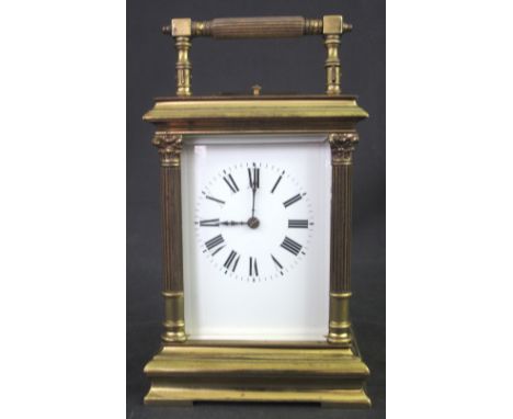 EARLY 20TH CENTURY FRENCH GILT BRASS, REPEATING CARRIAGE CLOCK, having full depth enamel face with Roman numerals, the case w