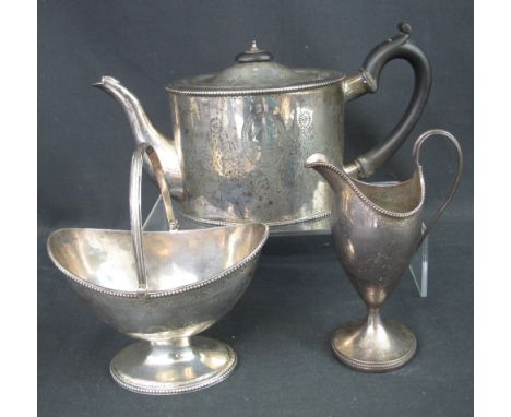 MATCHED GEORGIAN STYLE THREE PIECE SILVER TEA SET, comprising: oval section, straight sided teapot; boat shaped, pedestal suc