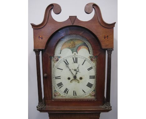 19TH CENTURY EIGHT DAY LONG CASE CLOCK, having broken swan neck pediment above arched aperture flanked by reed pillasters, po