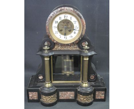 LARGE VICTORIAN BLACK AND COLOURED MARBLE, METAL MOUNTED, TALL DRUM HEAD MANTEL CLOCK, having Arabic ceramic chapter ring wit