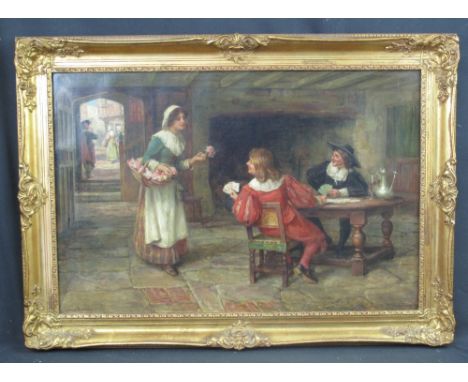 FRANCIS SYDNEY MUSCHAMP, (British, 1851-1929), 'The Flower Seller', signed, oils on canvas, 52 x 77cm approx.(B.P. 24% incl. 