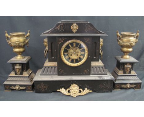 LATE VICTORIAN BLACK SLATE ARCHITECTURAL TWO TRAIN MANTEL CLOCK having black Roman chapter ring around exposed dead beat esca