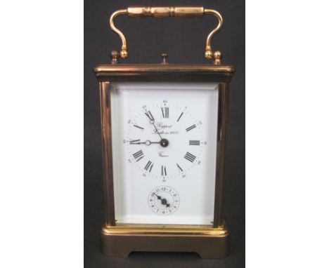 LARGE FRENCH BRASS ALARM CARRIAGE CLOCK, having full depth white enamel face with Roman numerals and alarm indicator, marked: