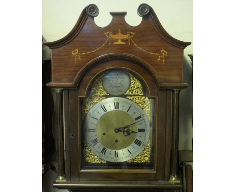 EARLY 20TH CENTURY MAHOGANY THREE TRAIN LONG CASE CLOCK, having broken swan neck pediment to the hood, above arch aperture fl