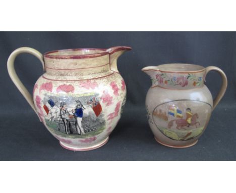 19TH CENTURY SUNDERLAND POTTERY LARGE, BALUSTER SHAPED, LUSTRE DECORATED JUG, transfer printed with British and French armori