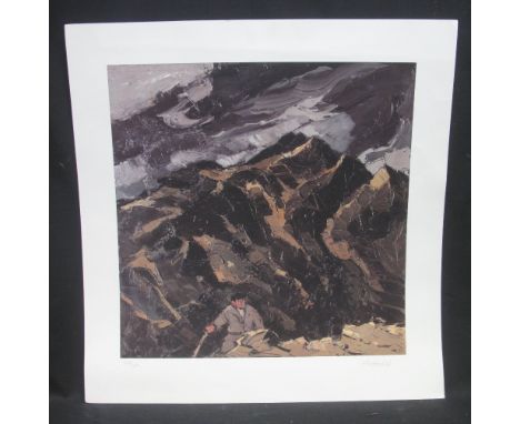 SIR JOHN KYFFIN WILLIAMS R.A. KBE, (Welsh, 1918-2006), Dramatic Snowdonia mountain scene with farmer, from the original oils,