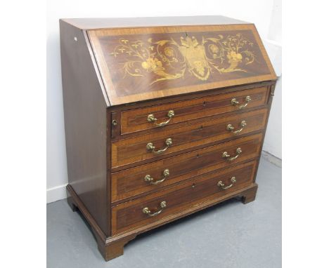 EDWARDIAN MAHOGANY FALL FRONT WRITING BUREAU, the interior revealing an arrangement of drawers and pigeon holes with leather 