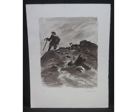 SIR JOHN KYFFIN WILLIAMS R.A. KBE, (Welsh, 1918-2006), Welsh shepherd on a mountainside with sheepdog, limited edition monoch