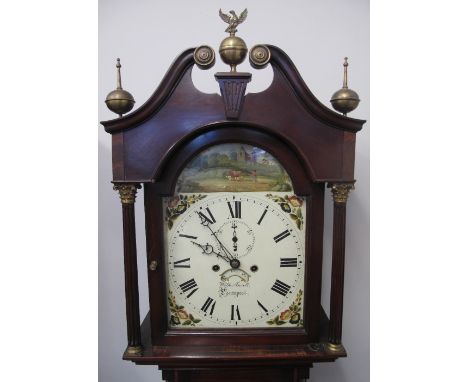 19TH CENTURY WELSH MAHOGANY EIGHT DAY LONG CASE CLOCK, having broken swan neck pediment with brass ball and spike finials ove