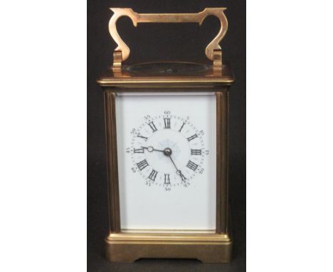 LARGE FRENCH STRIKING TWO TRAIN CARRIAGE CLOCK, having full depth enamel face with stylised Roman numerals, square section sw