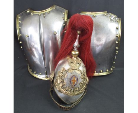 LATE VICTORIAN OFFICER'S HOUSEHOLD CAVALRY HELMET together with breast and back plates, the helmet with red horse hair plume 