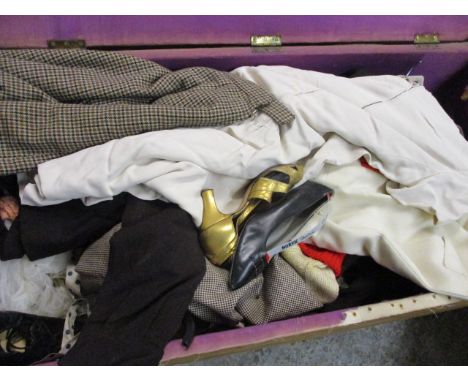 A collection of Vintage shoes and clothing to include a tweed skirt and an upholstered ottoman