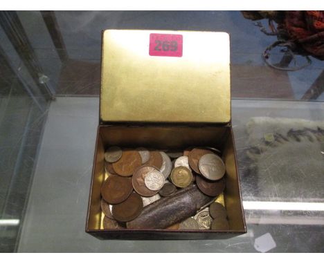 A selection of mainly British 20th century coinage in an old tin and a mother of pearl and steel pen knife in a leather case