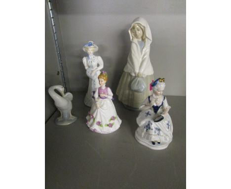 A group of five porcelain figurines to include a Nao figure of a girl and a Coalport figure of a woman with a muff