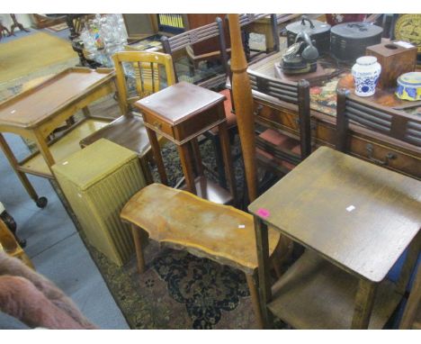Mixed furniture to include a walnut veneered trolley, a standard lamp, a Lloyd Loom basket and other items
