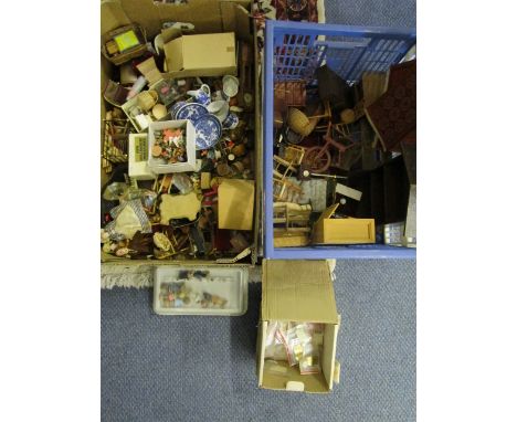 A large selection of vintage dolls house furniture, rugs and various accessories