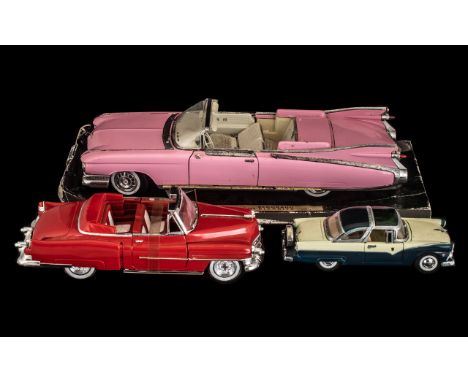 A Maisto Cadillac Eldorado Biarritz 1959 Die Cast Model, With Original Base. Together With Two Others, A DieCast Jada Ford Cr