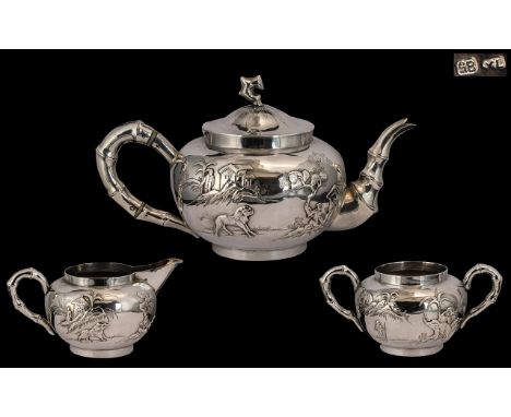 Chinese Export Superb Quality &amp; Impressive Signed 3 Piece Silver Tea Service.  Wonderful design, the Teapot decorated in 