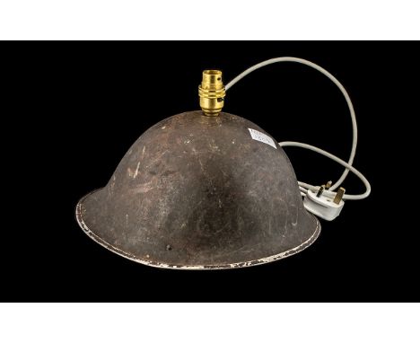 WWll Military Helmet, drilled for a lamp base; 12 inches (30cms) wide x 9.5 inches (ap.23cms) high
