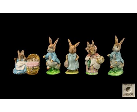 Beswick Beatrix Potter Figures five (5) in total.  1.  Mrs Rabbit small size, umbrella moulded to dress.  BP 2A.  2.  Mrs Flo