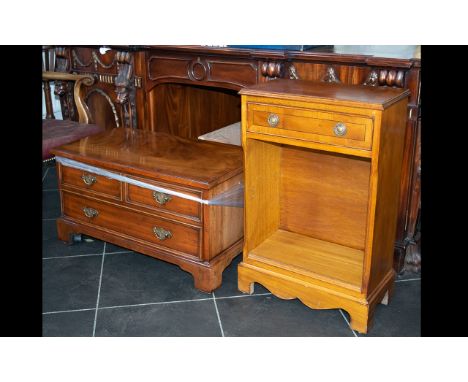 A Small Yew Wood Bookcase with single drawer and shelf height 29 inches, 18.5 by 10 inches deep. Together with a TV stand hig