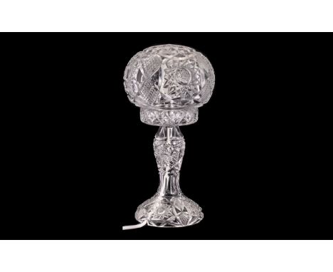 Cut Glass 1950's Mushroom Lamp of Typical Form. Overall Height 15 Inches. 
