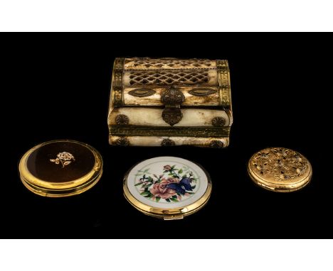 A Bone Trinket Box, Brass Mounted with 3 Ladies Compact Cases. Please See Photo. 
